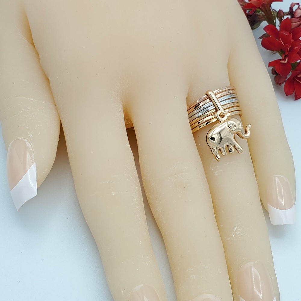 Multi Tone Gold Plated Good Luck Elephant Ring. Oro Laminado.