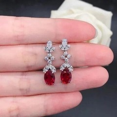 2.20Ct Oval Cut Simulated Red Ruby Drop/Dangle Earrings In 14K White Gold Plated