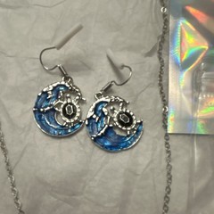 Silver Tone Blue Enamel Nautical Turtle Necklace Pendant & Dangle Earrings Set