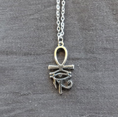 Silver ANKH Eye of Horus Pendant on Silver Plated Chain Necklace Egypt, Art Deco