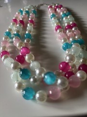 Vintage 3 Strand Lucite Faux Pearl Cat’s Eye Pastel Statement Necklace Retro