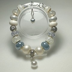 White Blue Silver Beaded Adjustable Charm Bracelet with Dangle Pearl Lobster