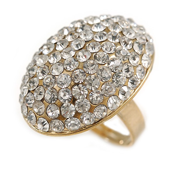 Oval Dome Shape Clear Crystal Ring In Gold Tone Metal – 30mm Long – 7/8 Size