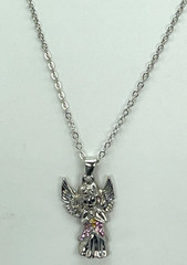 Necklace Silver Tone Angel Wearing Pink Skirt & Gold Cross 18″ + 2″ Extension