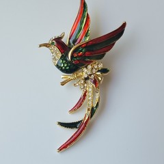 Vintage Gold Tone Bird Brooch Pin Red Green Enamel Clear Rhinestone Cluster