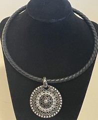Chico’s Statement Medallion Necklace Boho Black Leather Wrap Rhinestone Silver