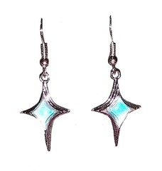 Synthetic Opal Gemstone Pyramid 4-Pointed Cross Star Dangle Drop Silver Earrings