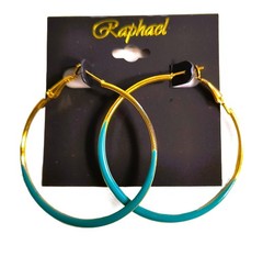 Raphael New With Tags Round Hoop Earrings Teal / Goldplated 2 Inches Snap Lock