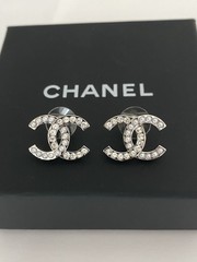 Authentic Chanel Silver Tone Crystal Stud Earrings Medium Size