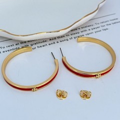 New Burch KIRA ENAMEL HOOP Earrings Red Gold Logo with Jewelry Pouch Size:4.3cm