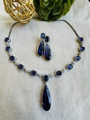 CZ Navy Blue Sapphire Teardrop Gem Bridal Indian Necklace Earring Jewelry Set