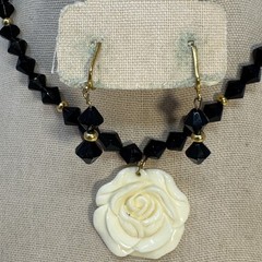 Vintage 60s Black Bicone Bead Necklace Ivory White Carved Resin Rose Pendant Set