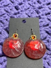 Chico’s Red Textured Plastic Circle Dangle Earrings Goldtone 1.5 inches