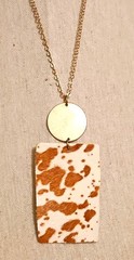 Gold Tone Metal Chain Necklace Round Disc & Cow Print Rectangle Charm