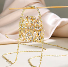 Mini Crystal Purse Pendant Necklace Gold Tone Long Chain Crossbody Handbag Charm