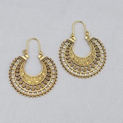 Bohemian Round Hoop Pierced Earrings Embossed Antiqued Gold tone Drop 1.5″