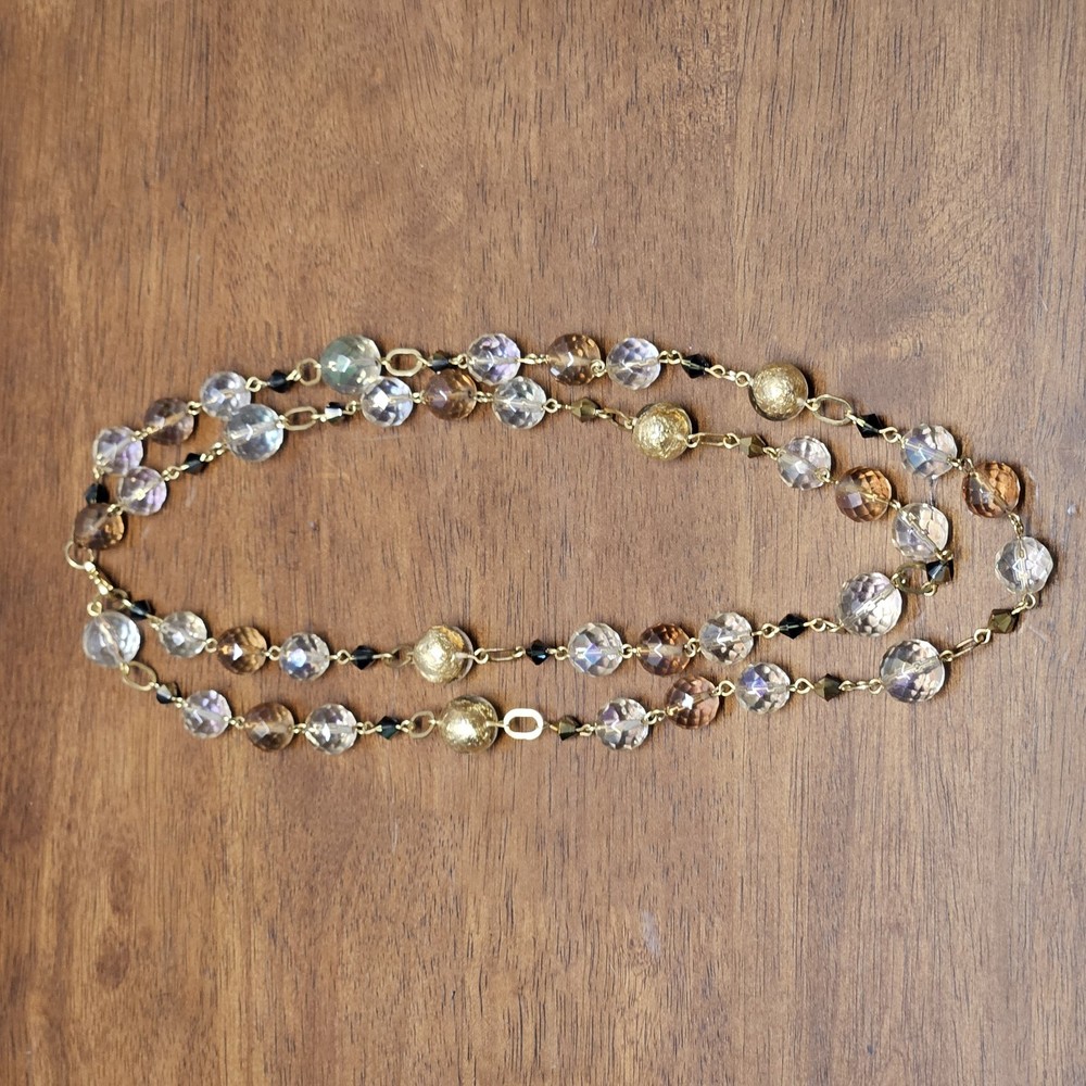 Big Gold Foiled, Amber & Clear Faceted Crystal Bead 20″ Necklace