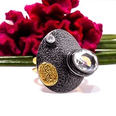 White Topaz Gemstone Black And Gold Plated 925 Sterling Silver Ring s.7 Sku70
