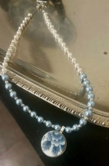 Blue & White Beaded Necklace, Round Floral Ceramic Charm Pendant, Silver Tone