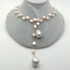51” Freshwater White Keshi Pearl Mixed Color Cz Pave Chain Long Necklace