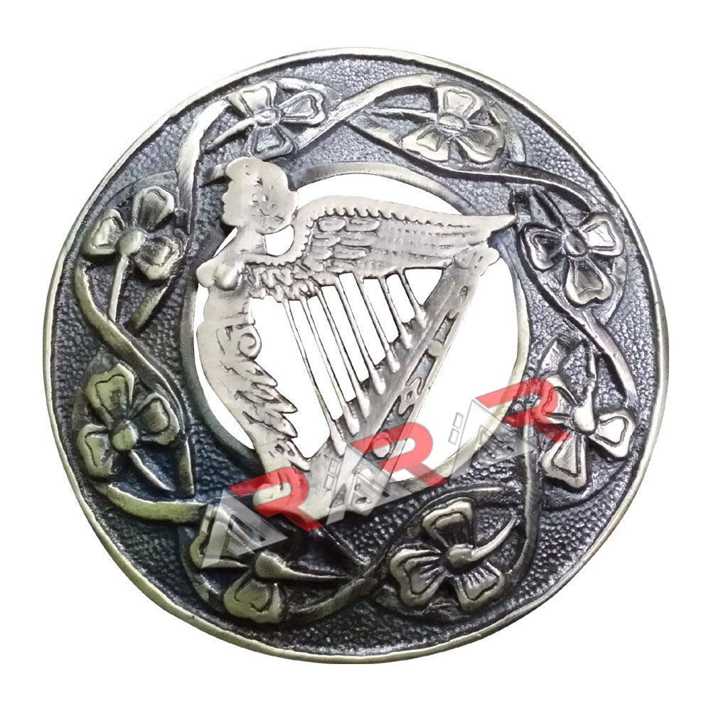 Fly Plaid Kilt Brooch Irish Harp Antique Finish Unisex Adult Pin Jewelry 3″(7cm)