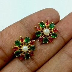Elegant Ruby Emerald Pearl Stud Earrings 22k Gold Plated Indian Ethnic Jewelry