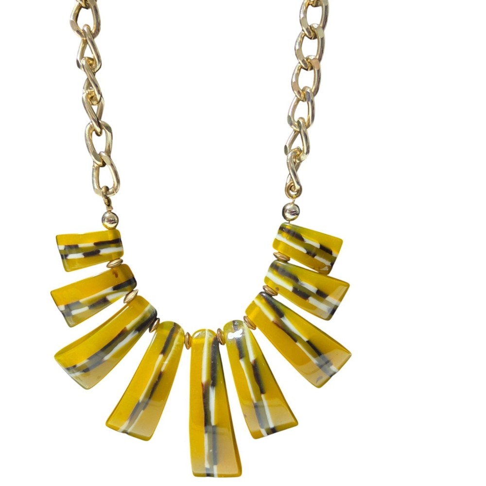 Tribal Acrylic Yellow Black Striped Statement Necklace Chunky Gold Tone Chain