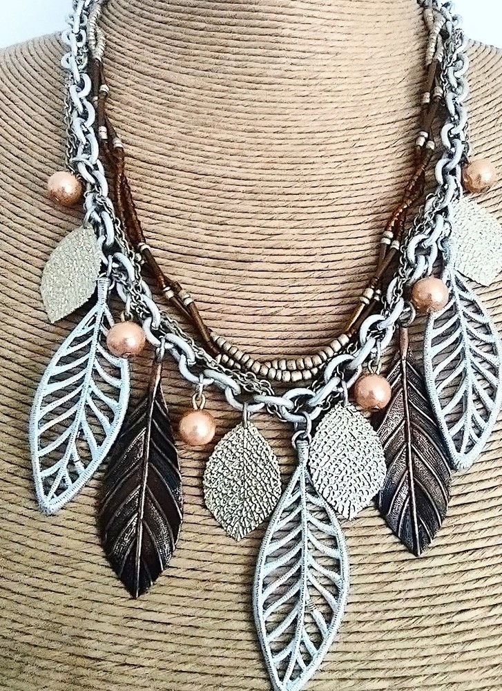 Mixed Metals -Silver, Gold, & Copper Tone – Beaded Layered Leaf Necklace