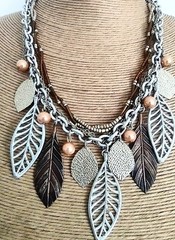 Mixed Metals -Silver, Gold, & Copper Tone – Beaded Layered Leaf Necklace