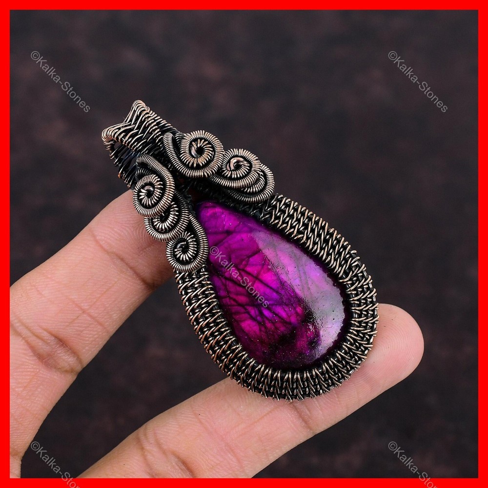 Copper Pear Pink Fire Labradorite Stone Trendy Boho Wire Wrapped Unique Pendant