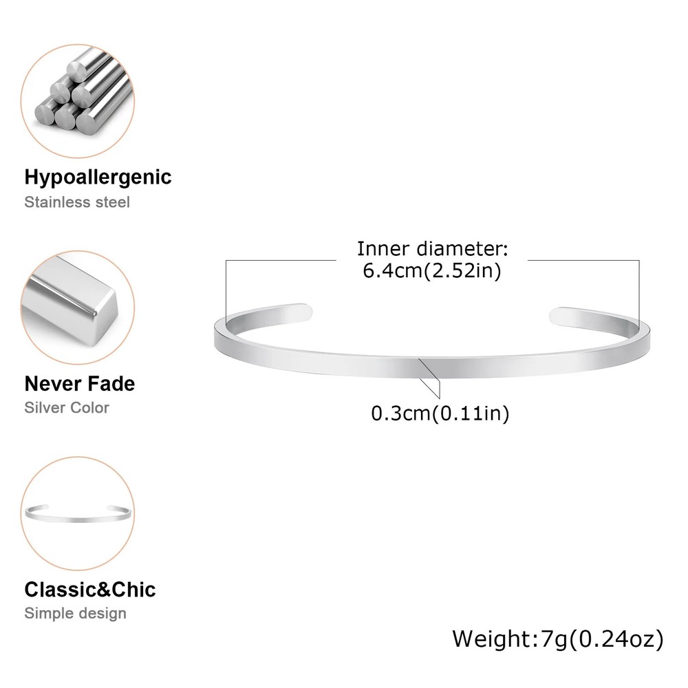 3–10mm Stainless Steel Open Cuff Bangles Unisex Glossy Bracelets Set