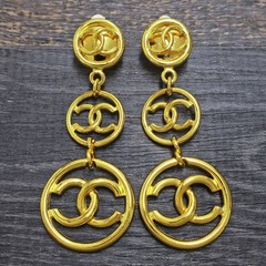 CHANEL Gold Plated CC Logos Round Swing Vintage Clip Earrings #1256c Rise-on