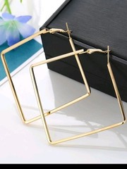 Gold Tone Geometric Square Hoop Dangle Earrings Hinged Hoop No Stone