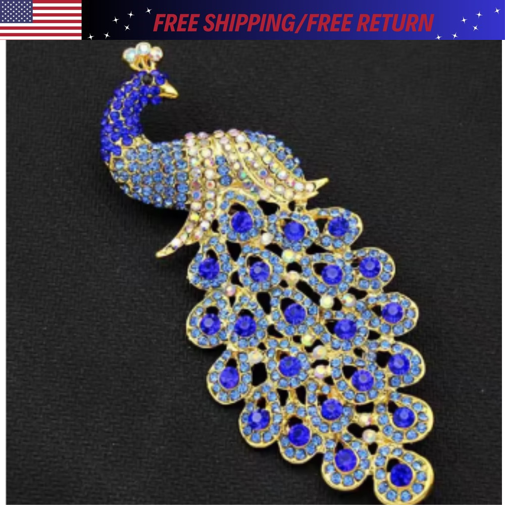 Vintage Style Peacock Bird Blue Rhinestone Crystal Cyan Bird Brooch Pin Pendant