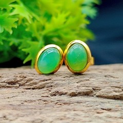 Natural Chrysoprase Studs Pair, 4x6mm Oval Gemstone Earrings Gold Plated Jewelry