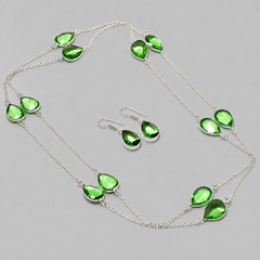Green Amethyst Pear Shape Gemstone Chain+Earrings Wedding Gift Handmade Jewelry