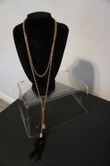 Gold Tone Rope Chain Lariat Necklace with Black Beaded Tassels