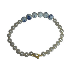 White Round Pearl Beaded Bracelet with Blue Accent Beads Toggle Closure