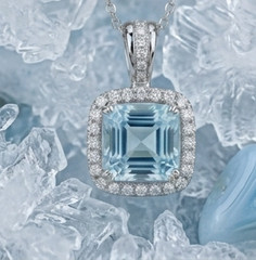 4ct Asscher Cut Simulated Blue Aquamarine Halo Pendant 14k White Gold Plated