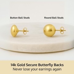 Solid 14k Yellow Gold Half Button Earrings with Gold Butterfly Back 4MM-8MM