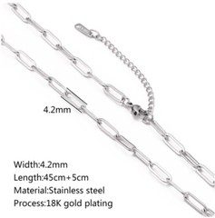 Stainless Steel 45cm (17.7 )inch 4.2 mm Paper Clip Chain with 2 inch exten