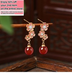 Red Jade Drop Dangle Earrings Gemstone Flowers Shape Stud 18K Gold Plated