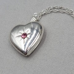 Silver tone Heart Locket Pendant Necklace Purple Stone 16″
