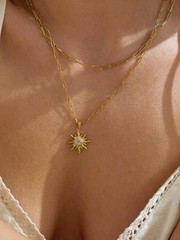 Double Layer Necklace w/cz Sun Pendant Gold Layered Necklace Summer Jewelry