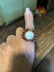 Gold Tone Cocktail Ring White Round Opal Cluster Halo with Crystal Accents