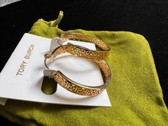 Tory Burch Gold Tone Patterned Hoop Earrings Large Logo Chic