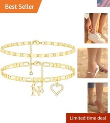 14k Gold Initial Ankle Bracelet for Women 10k Solid Gold Layered Figaro Anklets