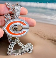 CHICAGO BEARS GEM NECKLACE SILVER BLING NFL Football Pendant & 24″ Chain