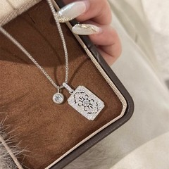 Vintage Square Tag Simulated CZ Pendant Adjustable Wheat Chain Necklace
