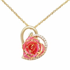 Forever real preserve rose dipped in 24K gold Rhinestone Heart Pendant (Pink)